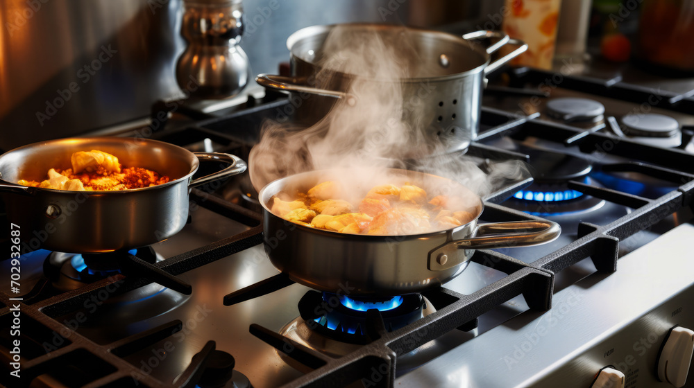 Chef preparing a recipe using various kitchen utensils on stove. Chef preparing a recipe using various kitchen utensils on stove.
