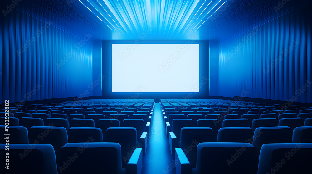 Empty cinema in blue color with white blank screen. Mockup of movie theater or hall, no people and auditorium Empty cinema in blue color with white blank screen. Mockup of movie theater or hall, no people and auditorium