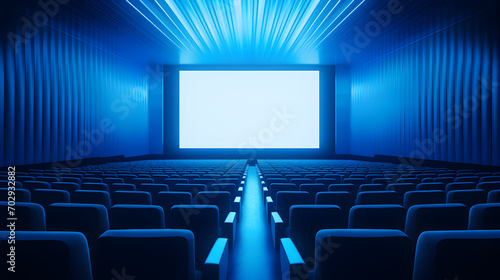 Empty cinema in blue color with white blank screen. Mockup of movie theater or hall, no people and auditorium