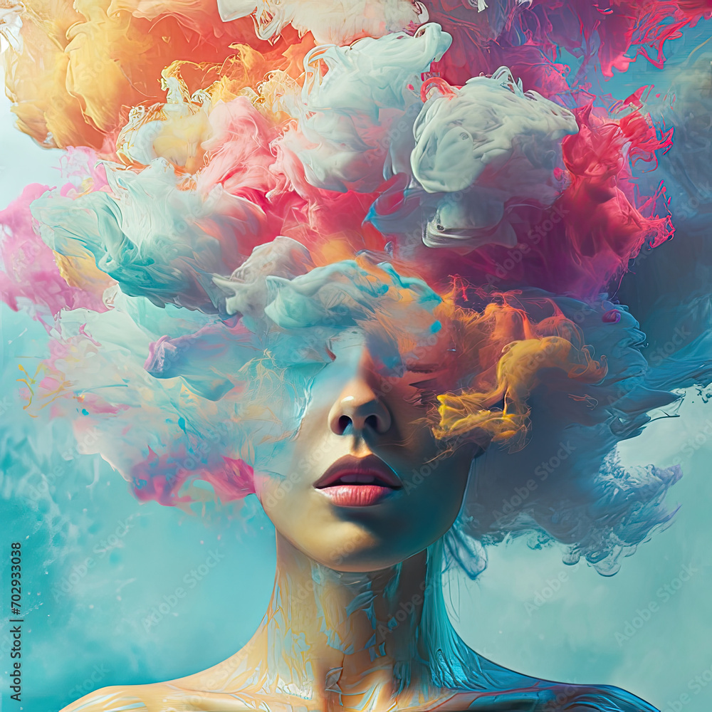 The woman with multicolored clouds on her head. A psychedelic concept can be interpreted as an individual's exploration of inner self and identity, personal memories, and experiences.
