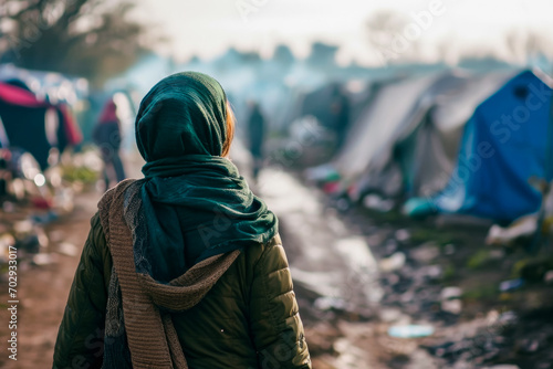 Refugees in the camp. Background with selective focus and copy space photo