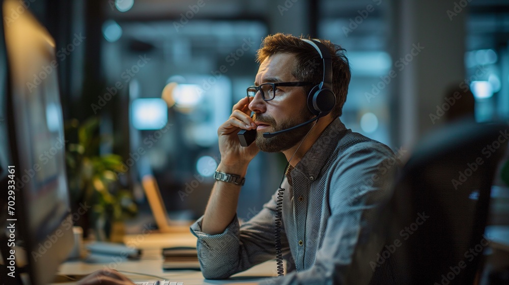 Man Working at Desk Talking on Phone Man Working at Desk Talking on Phone