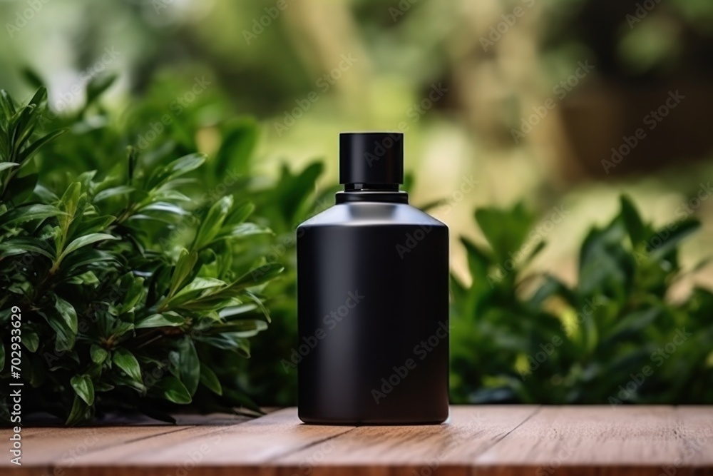 Unbranding black bottle for men's luxury perfume with special wood aroma on wooden table with tropical leaves as background. Mockup design. Unbranding black bottle for men's luxury perfume with special wood aroma on wooden table with tropical leaves as background. Mockup design.