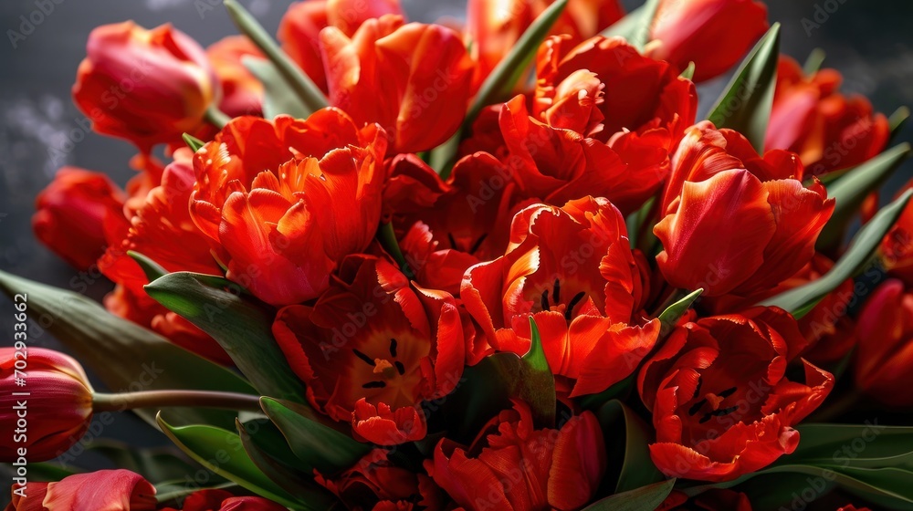 a bouquet of red tulips with green leaves on a dark background with a ...