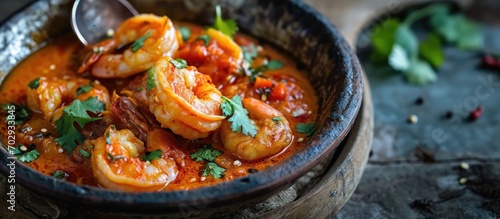 Delicious shrimp curry in tomato sauce. Serving suggestion. Food photography.