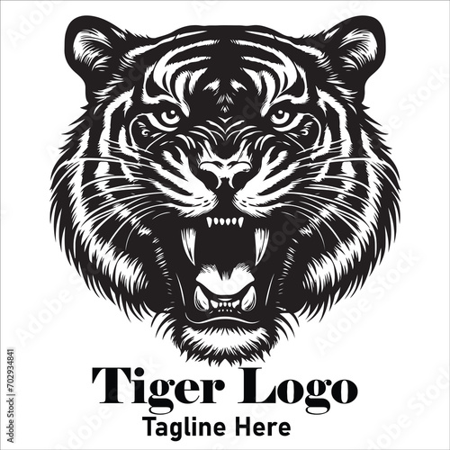 Fototapeta Naklejka Na Ścianę i Meble -  Tiger head black and white illustration , Roaring Tiger black and white logo design