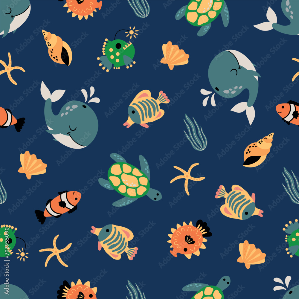 Seamless pattern with sea animals. Whale, turtle, fish, lantern fish.	