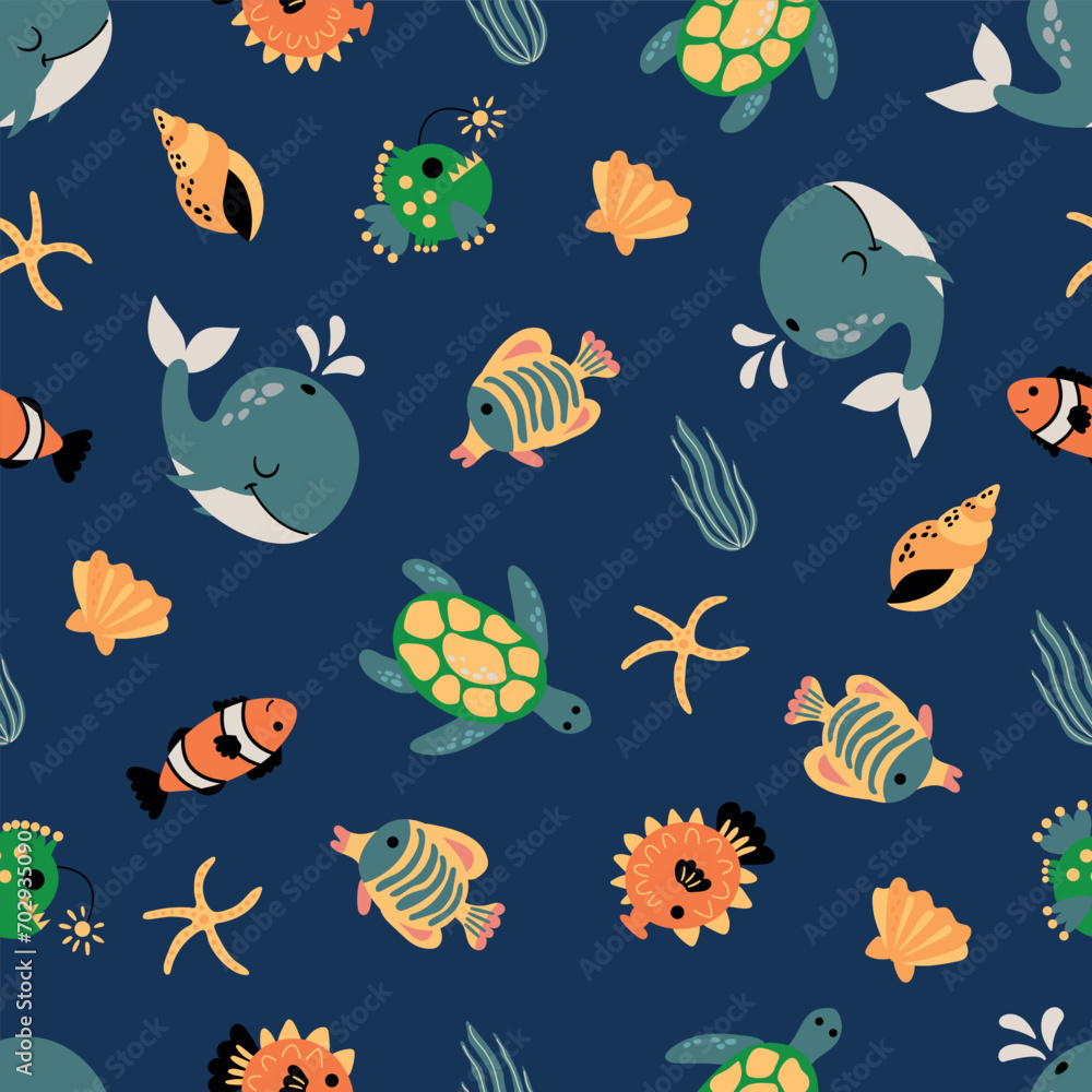 Seamless pattern with sea animals. Whale, turtle, fish, lantern fish. Seamless pattern with sea animals. Whale, turtle, fish, lantern fish.