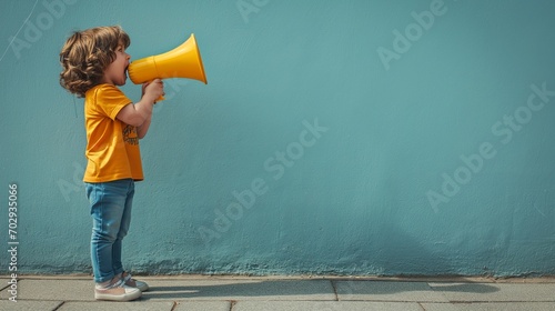 little boy with megaphone is spreading the news photo