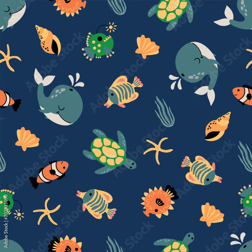 Seamless pattern with sea animals. Whale, turtle, fish, lantern fish. © Helga KOV