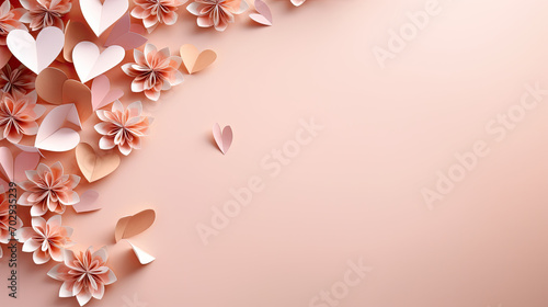 valentines day background on color of the year 2024 peach fuzz decorated with paper hearts and beautiful lotto flowers in the upper left corner. Space destinated for copy photo