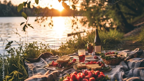  a picnic on the shore of a lake with a bottle of wine and a plate of food on a blanket. photo