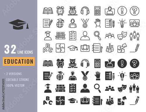 32 education icons for web and applications. 2 versions of style, line and fill. Vector icons.