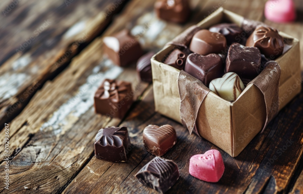 Small box with chocolate hearts and sweets on wooden table, Valentine's Day concept. Generative AI Small box with chocolate hearts and sweets on wooden table, Valentine's Day concept. Generative AI