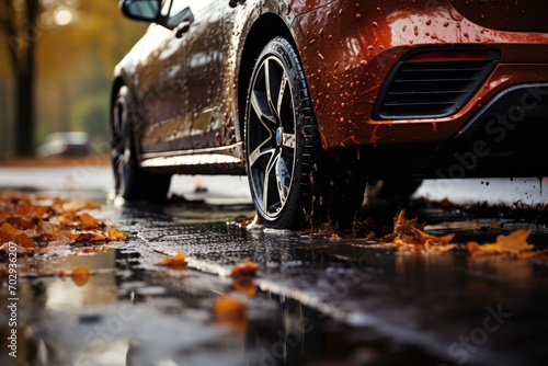 Studded tires. Car standing on a wet dangerous road in autumn during rain. Close up. Autumn vacation concept.