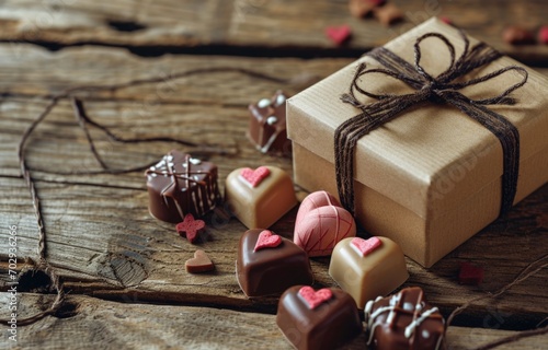 Small box with chocolate hearts and sweets on wooden table, Valentine's Day concept. Generative AI