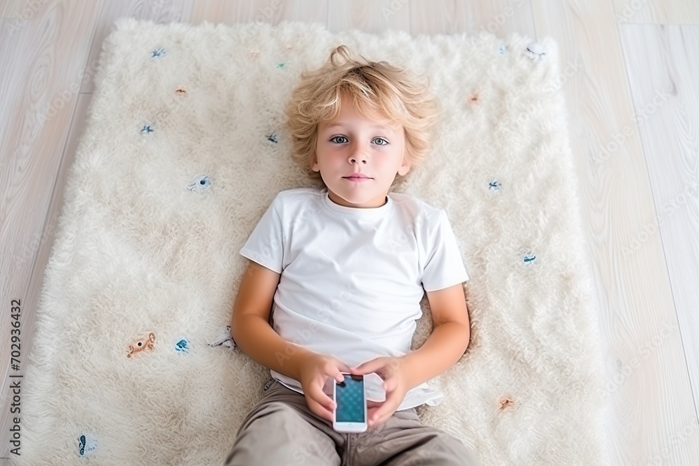 Fototapeta premium Flat lay photo of little boy lying on the floor