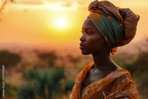 Beautiful black woman with turban, landscape in the background, Black History Month. Generative AI photo