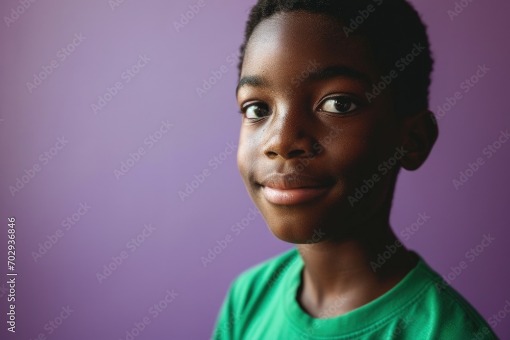 Black boy smiling in green t-shirt, purple background, digital illustration, Black History Month. Generative AI Black boy smiling in green t-shirt, purple background, digital illustration, Black History Month. Generative AI