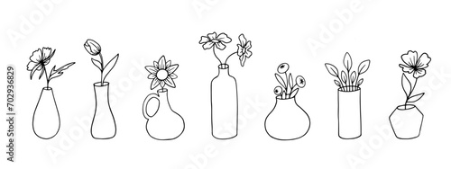 A set of simple linear sketches of plants, flowers in vases. Vector graphics.