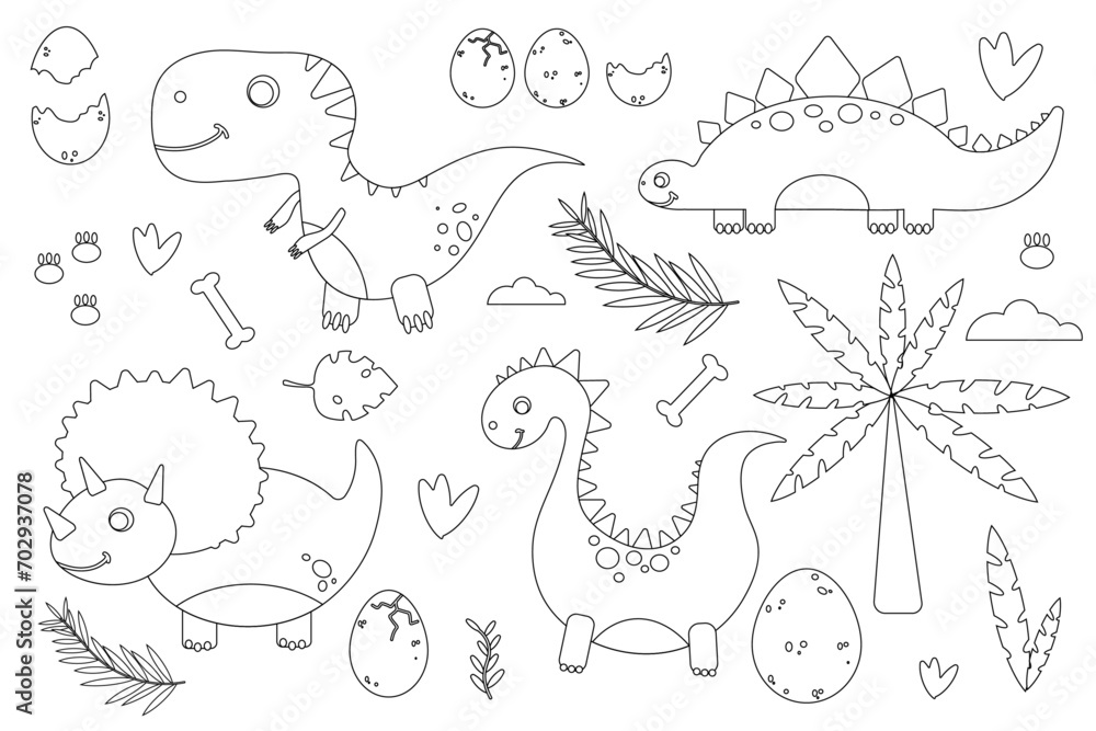 Fototapeta premium A set of linear sketches, coloring pages of dinosaurs and palms. Vector graphics.