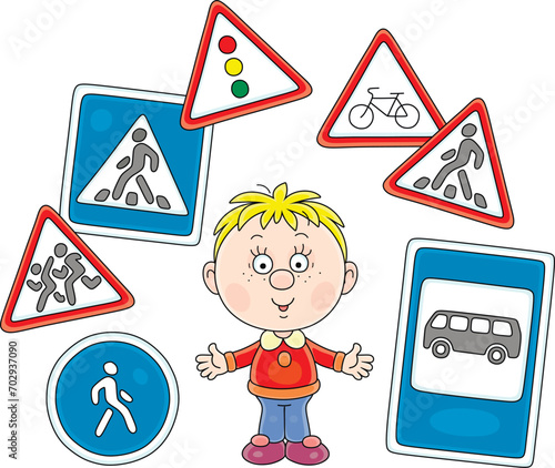 Funny little child surrounded by some traffic signs from a town street, vector cartoon illustration on a white background