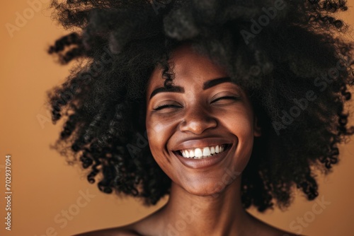 Beautiful black girl smiling, brown background, digital illustration, Black History Month. Generative AI