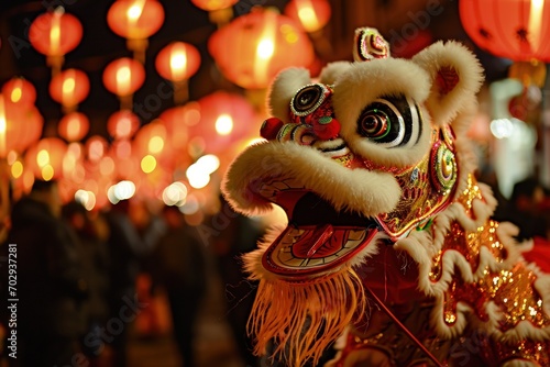 Person dressed as a Chinese dragon, street in the background, Chinese New Year 2024. Generative AI
