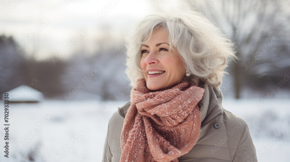 Front view portrait of senior woman with standing in snowy nature. Front view portrait of senior woman with standing in snowy nature.