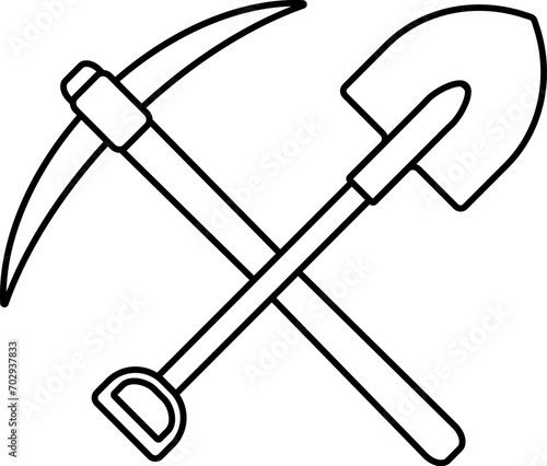 Crossed pickaxe and shovel icon in linear style.