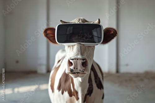 Cow with virtual reality glasses, concept of technological and agricultural advancement. Generative AI © Deivison