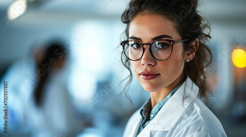 Bellissima scienziata che indossa camice bianco e occhiali nel moderno laboratorio di scienze mediche, pareti bianche, con un team di specialisti sfocati sullo sfondo, diverse etnie, spazio per testo