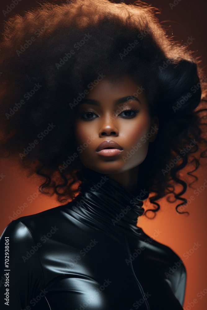 Closeup of a beautiful black woman, wearing black leather, with flowing hair.