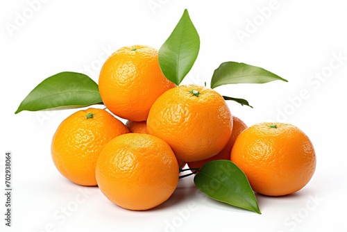 Fresh mandarins with green leaves isolated white background