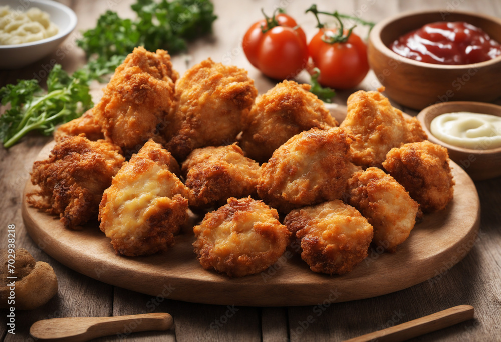 Delicious Fried Chicken Bites Served on a Wooden Tray Delicious Fried Chicken Bites Served on a Wooden Tray