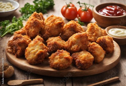Crispy Fried Chicken Pieces on a Wooden Plate