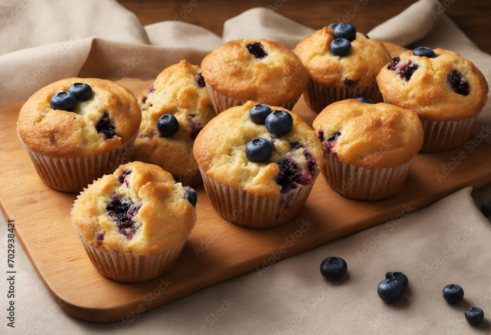 Delicious Blueberry Muffins on a Wood Tray Delicious Blueberry Muffins on a Wood Tray