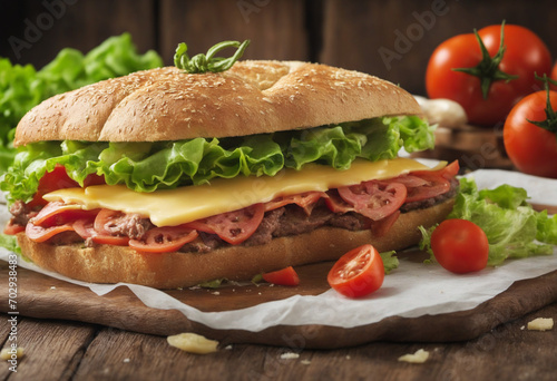 Roast beef sandwich with cheese, tomato and lettuce