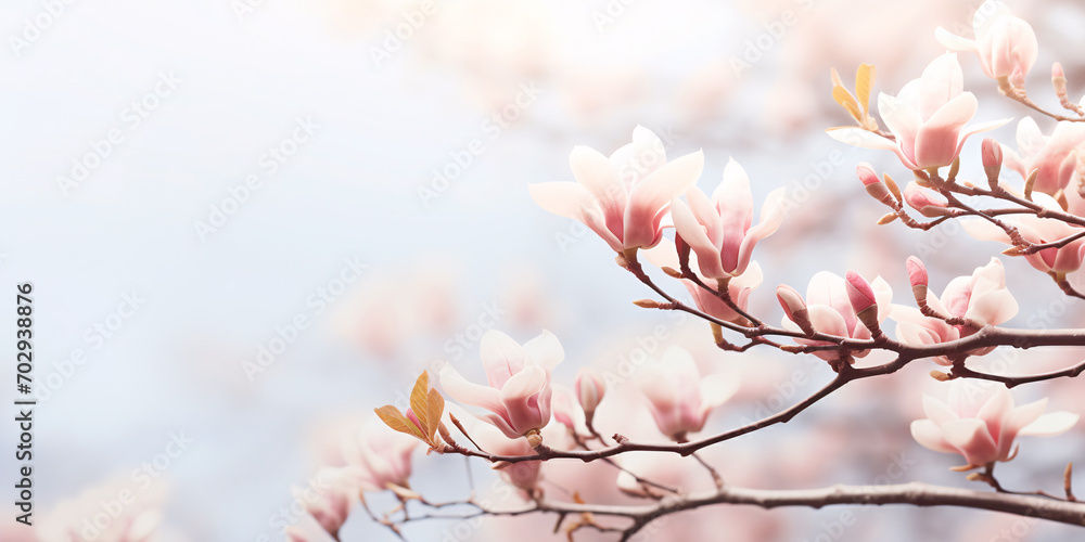 Banner with beautiful blooming Magnolia tree with pink flowers