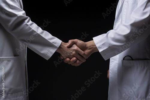 Doctor and patient shaking hands, close-up. Medicine and healthcare concept