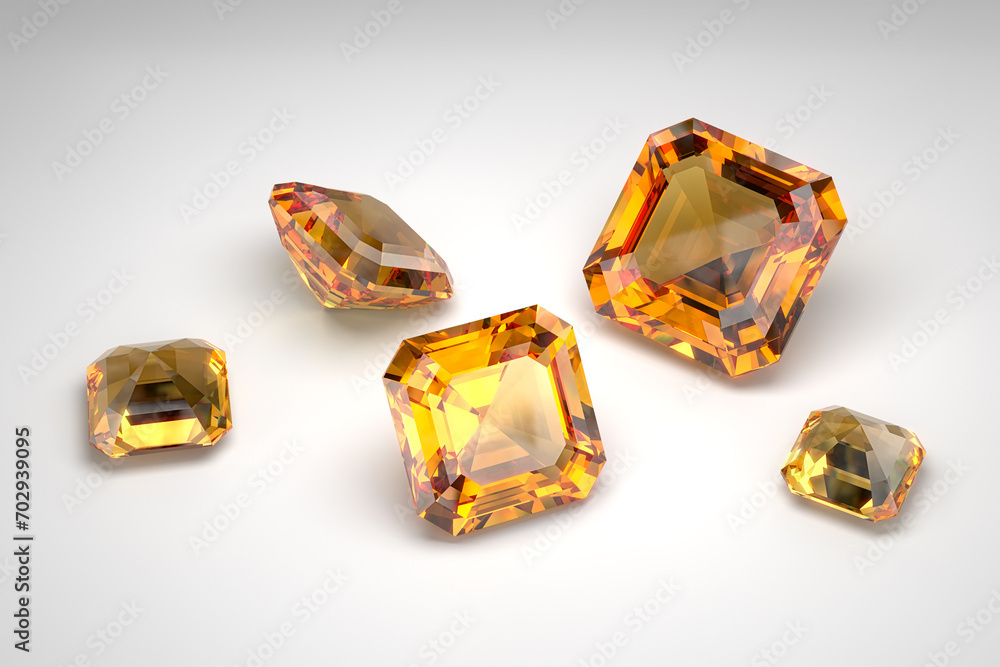 Scattering of topazes of different sizes on a white background. Exhibition of precious stones. Cut in emerald style. 3d rendering. Scattering of topazes of different sizes on a white background. Exhibition of precious stones. Cut in emerald style. 3d rendering.