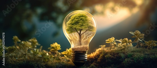a light bulb with a tree growing out of it, in the style of nature-inspired imagery, light yellow and dark emerald, iso 200, technological marvels, talbot hughes, use of common materials. photo