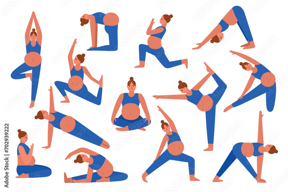 Pregnant woman does yoga. Girl with big belly in different gymnastic poses, expectant mother develops body flexibility, training, vector set.eps
