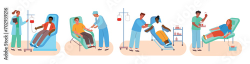 People in donor chairs donate blood. Nurses put ivs and take test tubes, hospital characters, cartoon doctors and patients, vector set.eps