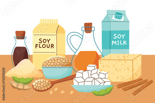 Soy products. Cartoon protein food  meat organic alternative  vegetable legume ingredients  beans  tofu  sauce and milk  vector illustration.eps