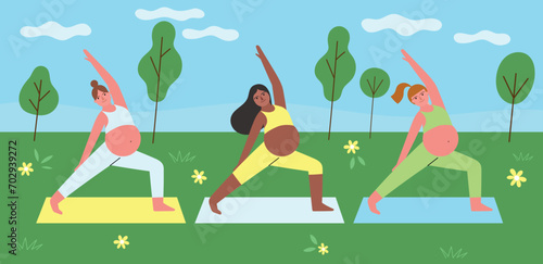 Pregnant women practice yoga in nature. Group training, expectant mothers preparing for childbirth, outdoor meditation, vector illustration.eps