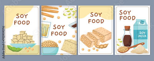 soy products posters. vegetable protein, vegan organic food, cartoon beans, tofu, milk and sauce, asian cuisine ingredients, vector cards.eps