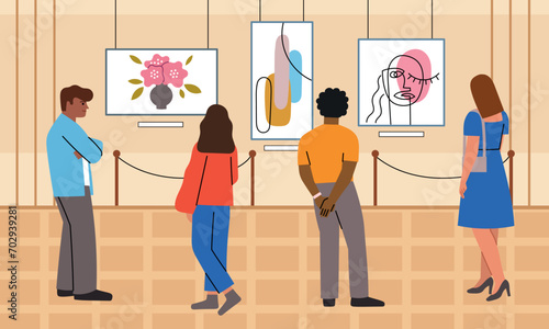 Visitors at modern art exhibition. People view paintings in museum hall, artistic gallery interior, beauty connoisseurs, vector illustration.eps