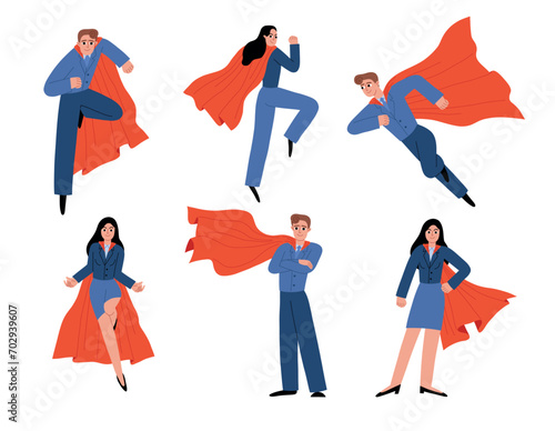 Cartoon super business people characters. Men and women in formal suits and red capes, office employees are superheroes, vector set.eps
