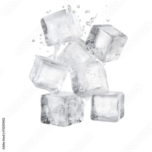 ice cubes dropping with splash on transparent background. PNG file. AI generated